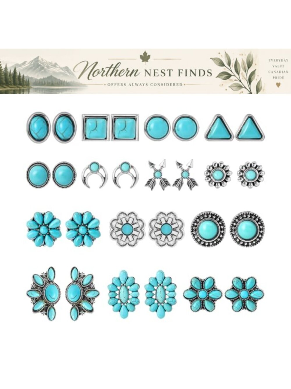 14 Pairs Turquoise Stud Earrings Hypoallergenic 316L Stainless Steel Gemstone